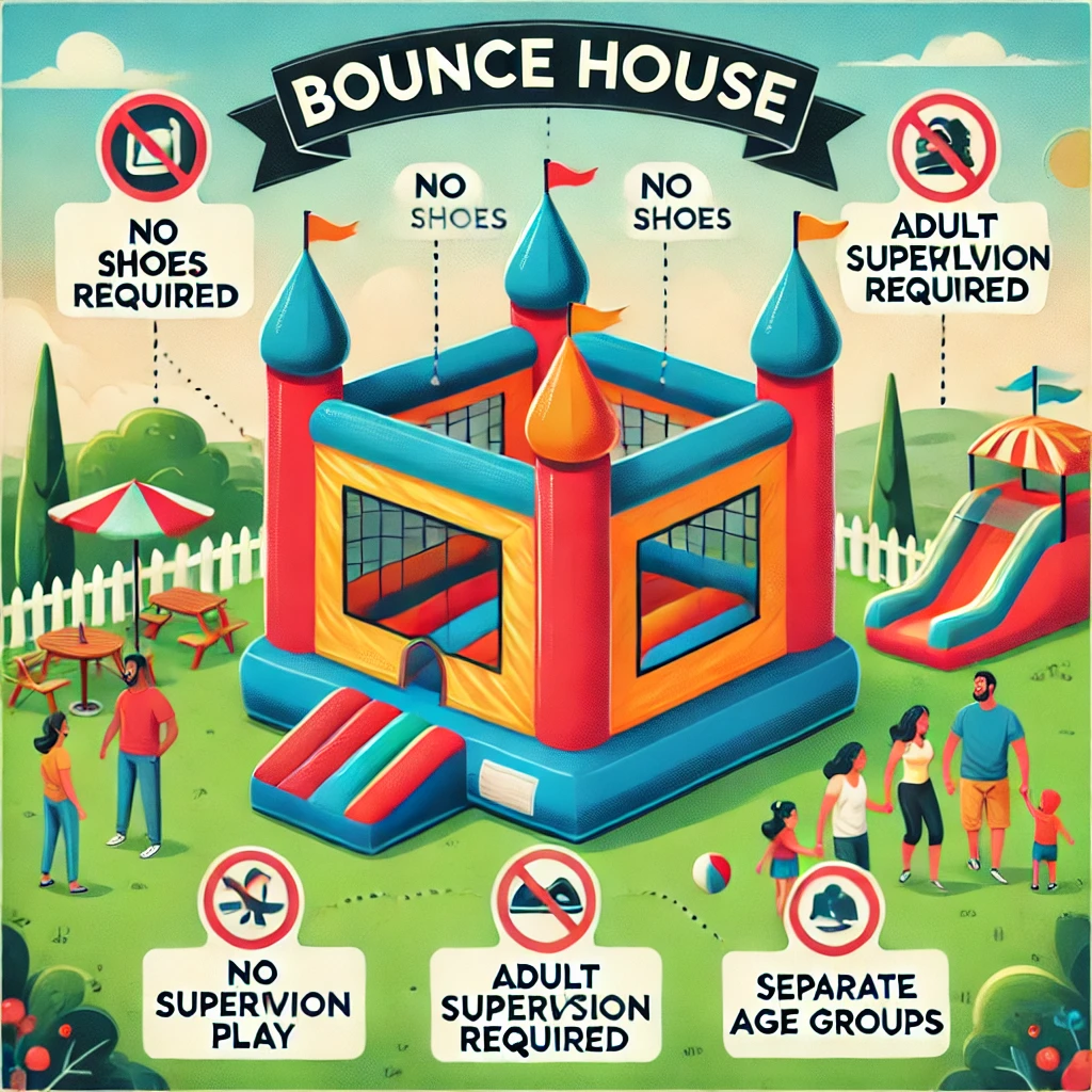 Illustrated bounce house safety rules and guidelines infographic