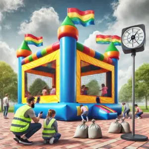 Colorful bounce house set up in a sunny park, illustration