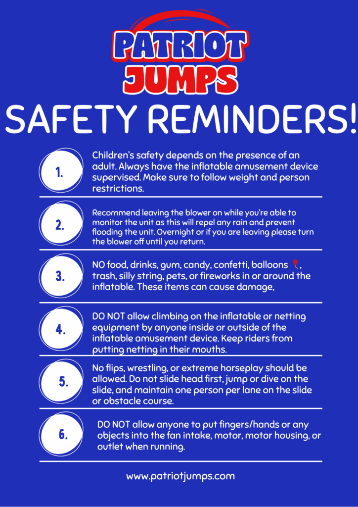 Patriot Jumps safety reminders poster for bounce house and water slide rentals