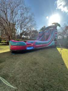 Red and purple inflatable water slide rental set up on a sunny backyard lawn, a crowd-pleaser for a combined sibling birthday party in Acadiana