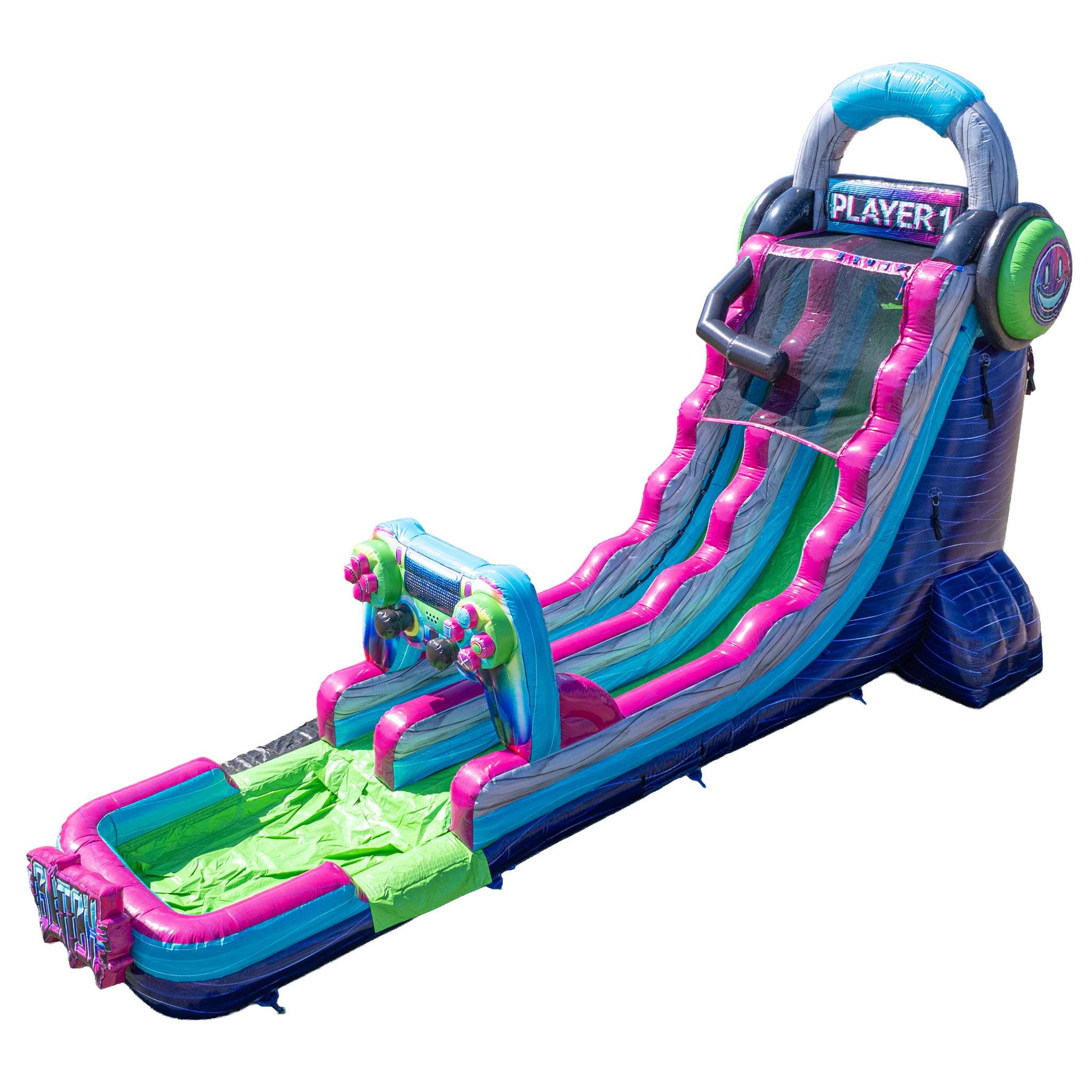 Glitch gamer-themed inflatable water slide rental in Lafayette Louisiana with splash pool