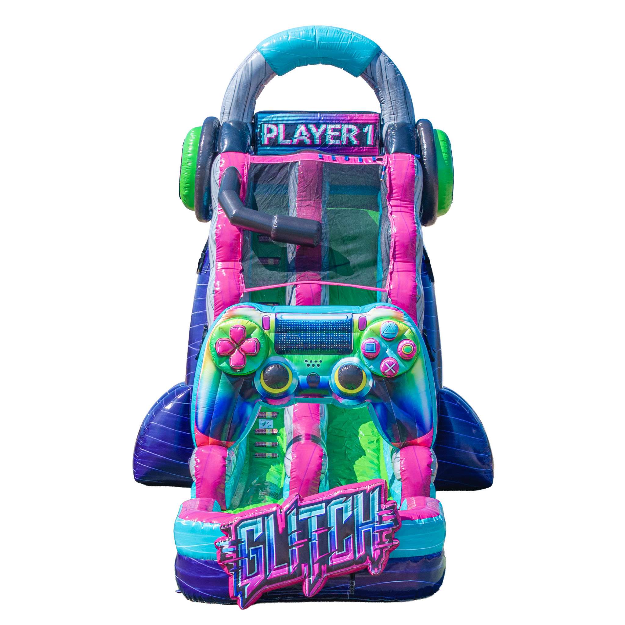 Player 1 Glitch inflatable water slide rental for kids birthday parties in Acadiana Louisiana