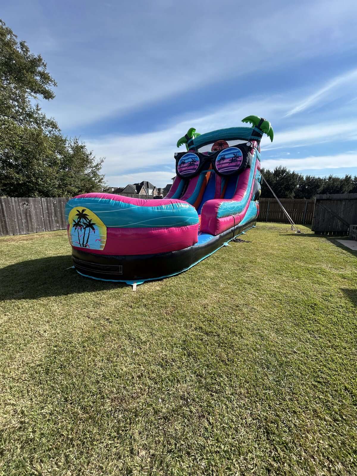 Pink and teal tropical water slide rental with palm trees and splash pool set up on green grass in a fenced Youngsville, Louisiana backyard on a sunny day
