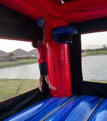 castle tower combo bounce house rental backyard setup 1783208912 Castle Tower Pool and Stopper Combo (Wet or Dry)