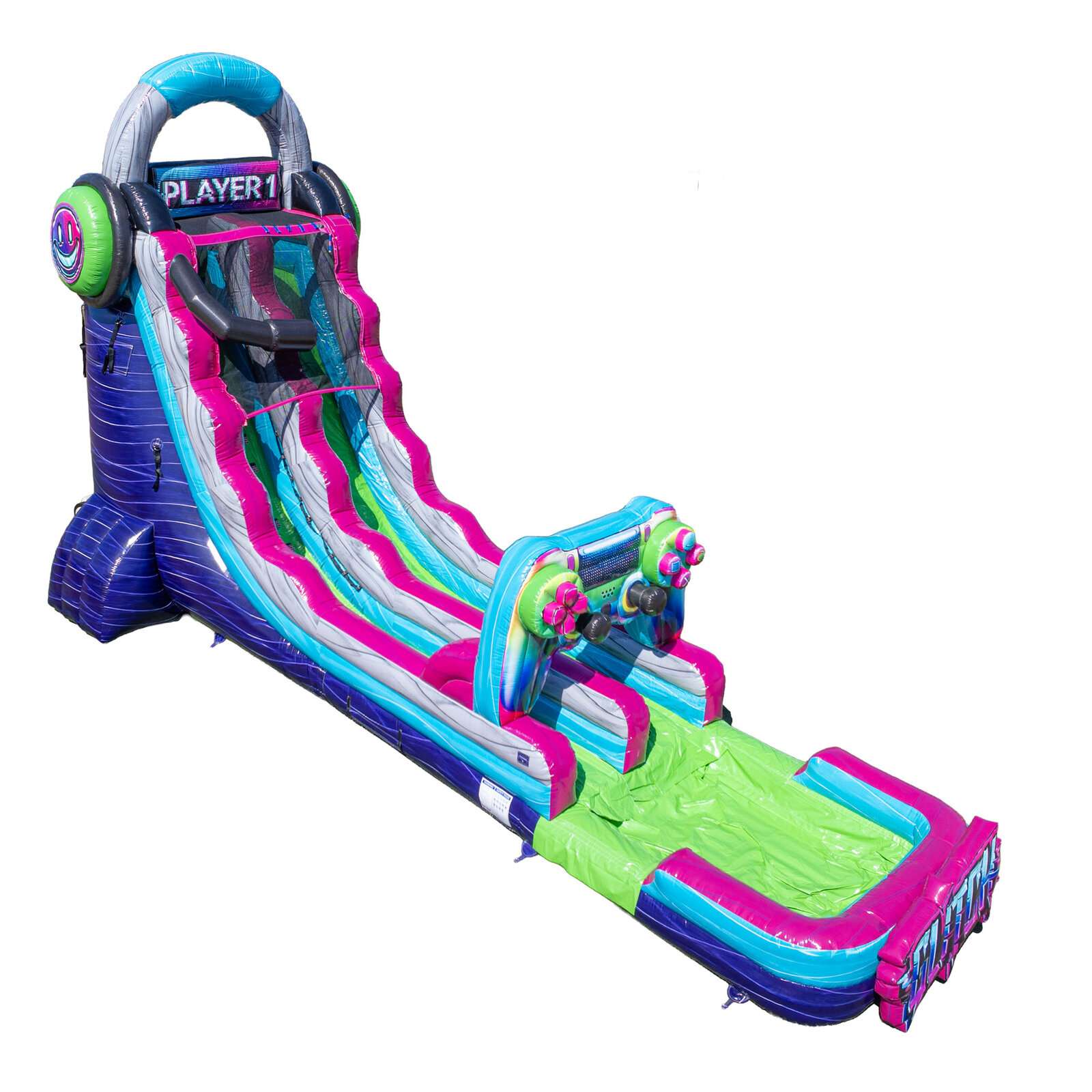 Player 1 Glitch gamer-themed inflatable water slide rental in Lafayette Louisiana