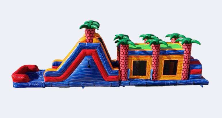 Red and orange inflatable obstacle course rental with tropical palm tree design