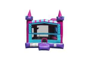 Pink and teal princess castle bounce house rental in Acadiana Louisiana