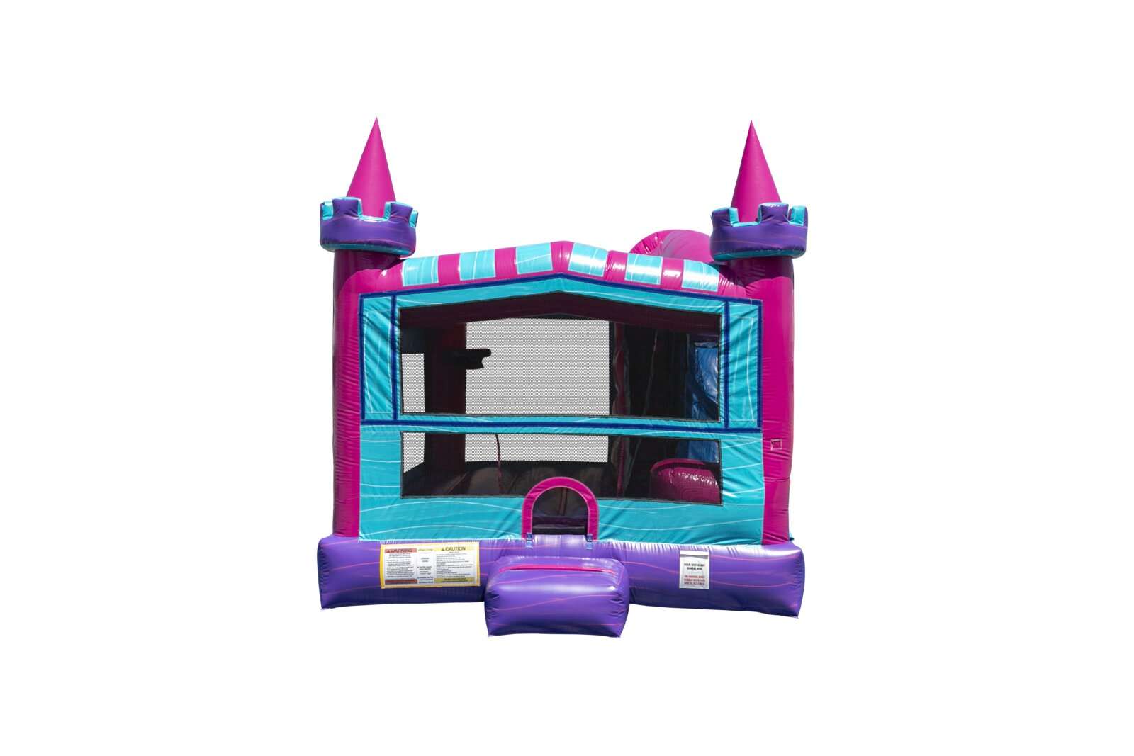 Pink and teal princess castle bounce house rental in Acadiana Louisiana