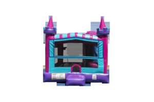 Pink and teal princess castle bounce house rental for a birthday party in Youngsville, Louisiana