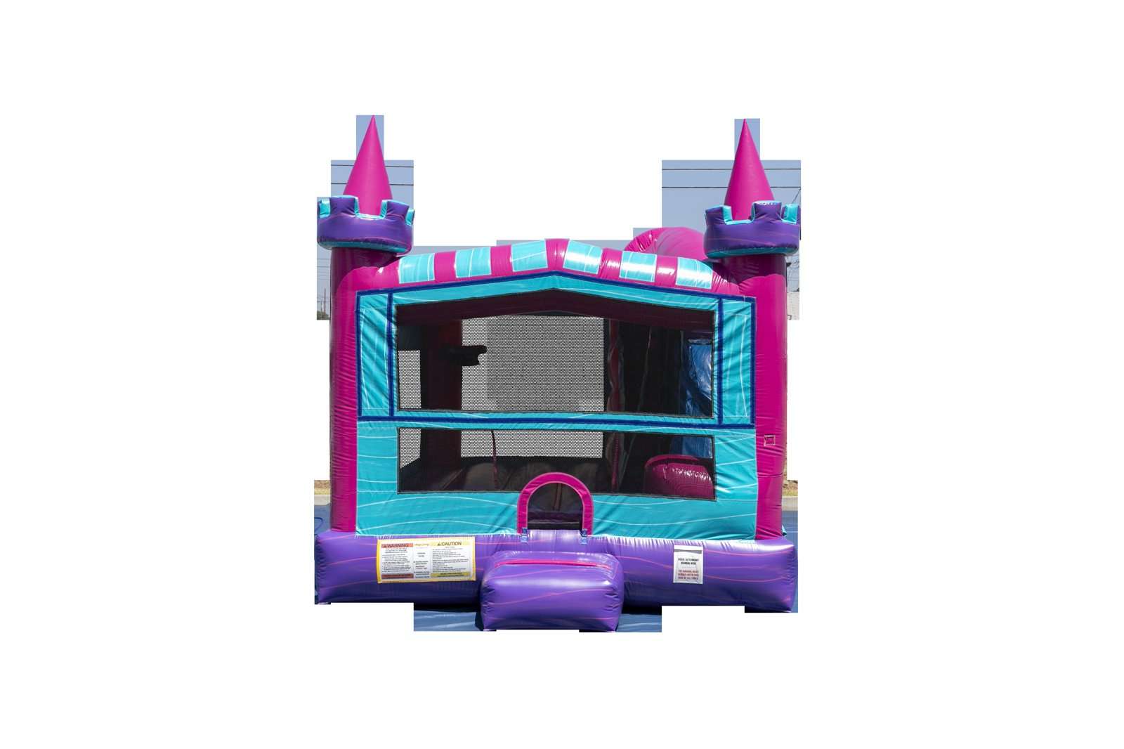 Pink and teal princess castle bounce house rental for a birthday party in Youngsville, Louisiana