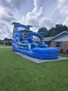 Blue tropical palm-tree water slide rental set up in a Lafayette, Louisiana front yard for an affordable backyard birthday party