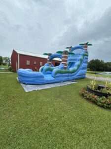 Blue tropical palm-tree water slide set up on a large grassy property beside a red barn in rural Acadiana, Louisiana