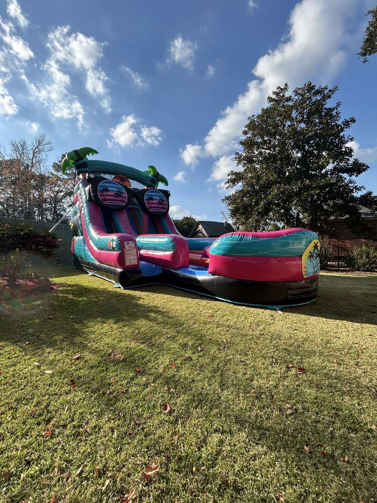 Pink and teal tropical water slide rental on green grass in a sunny Acadiana backyard for a summer party
