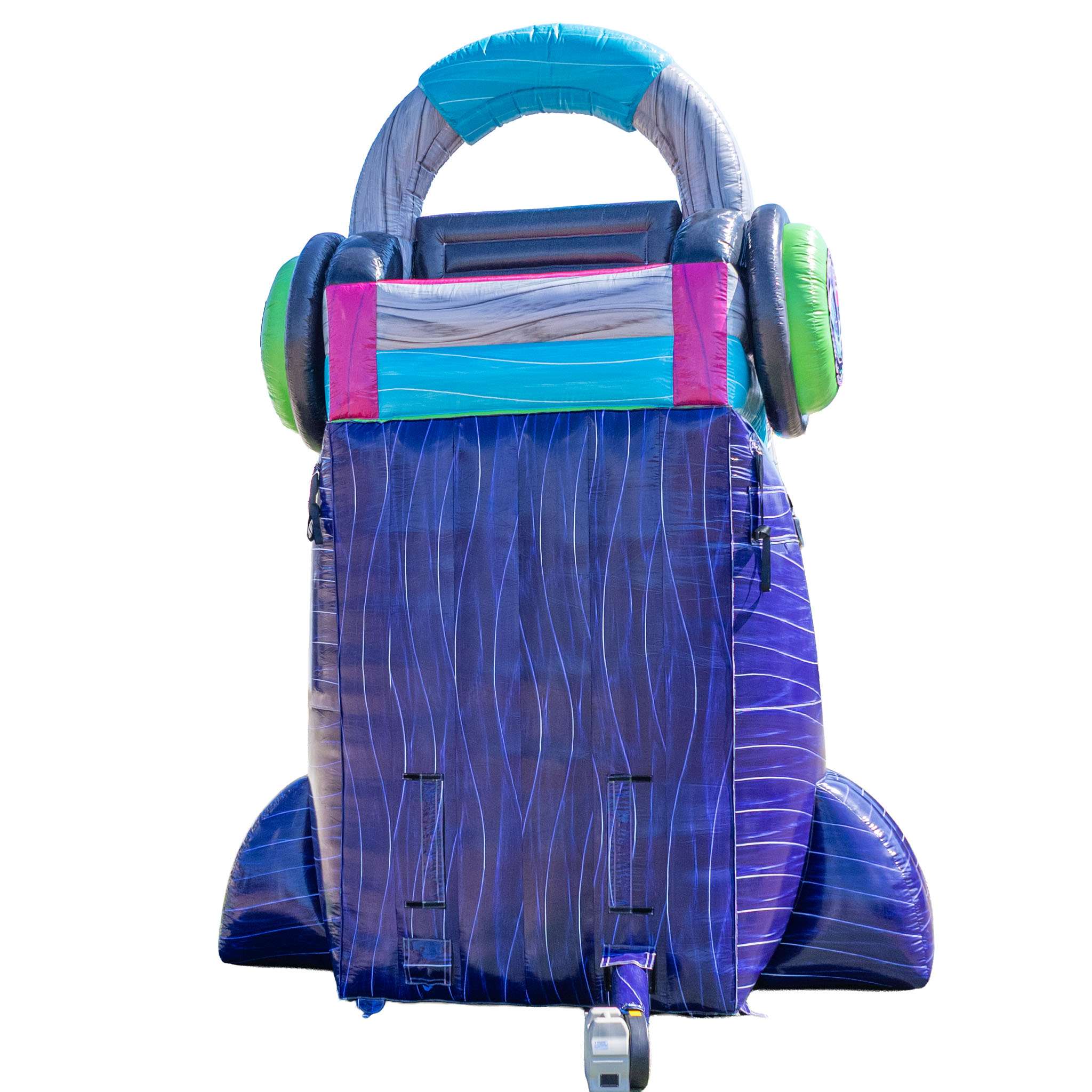 Overhead view of the back of a purple inflatable water slide rental, showing the rear of the unit where the blower tube and power cord connect