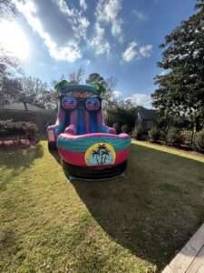 Tropical palm-themed inflatable water slide set up on a shaded, freshly mowed backyard lawn in Lafayette, LA