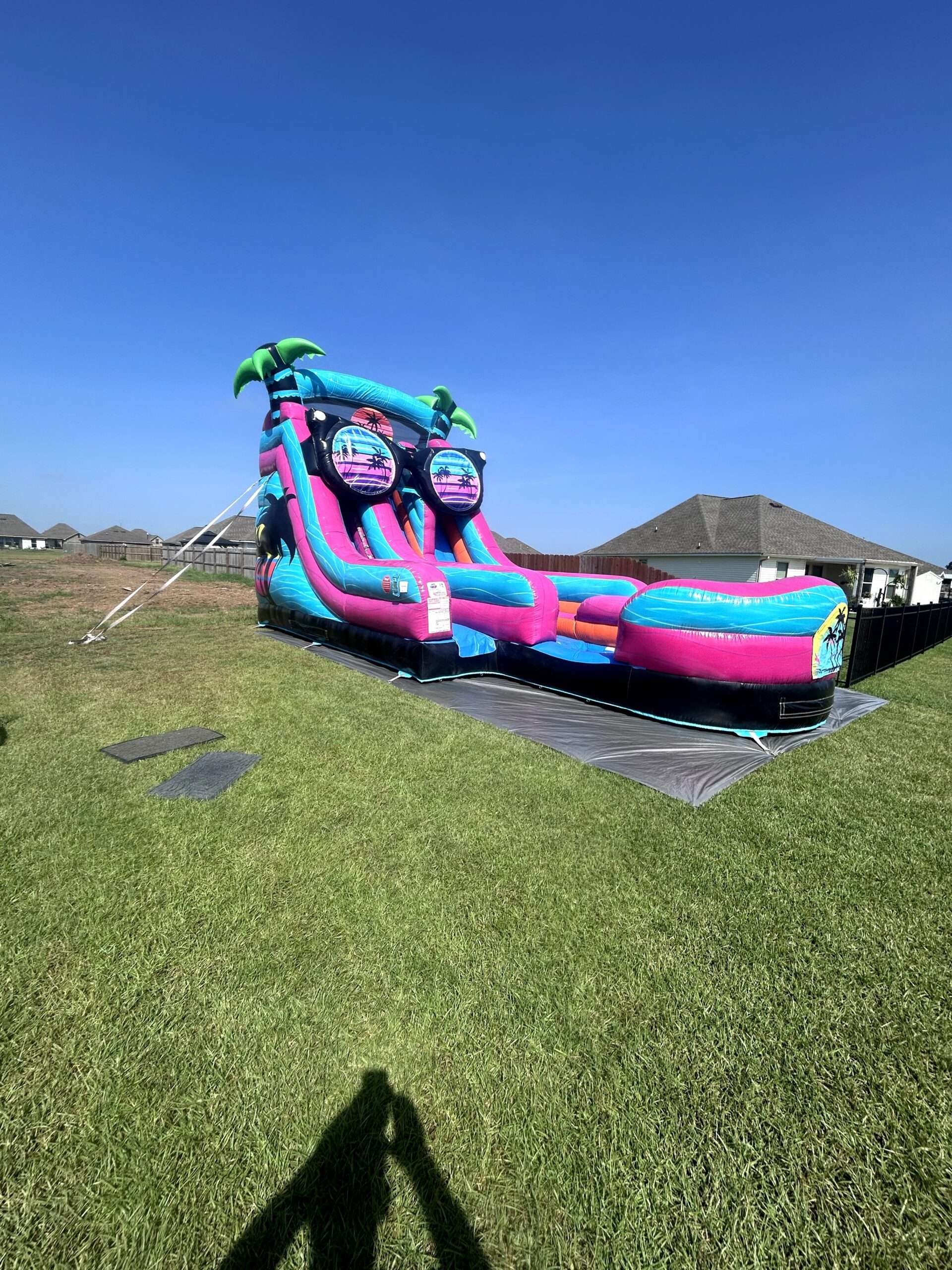 Palm-themed water slide bounce house combo unit ready for a backyard party in Maurice LA