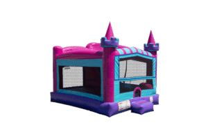 Pink and teal Princess Castle bounce house rental available year-round from Patriot Jumps in Acadiana