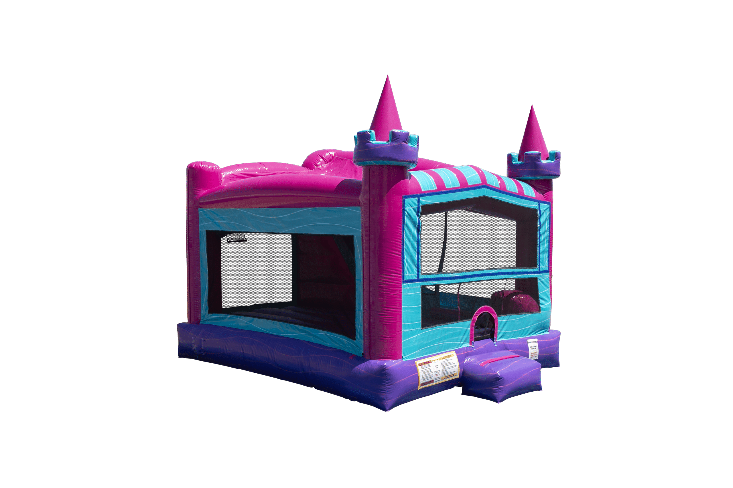 Pink and teal Princess Castle bounce house rental available year-round from Patriot Jumps in Acadiana