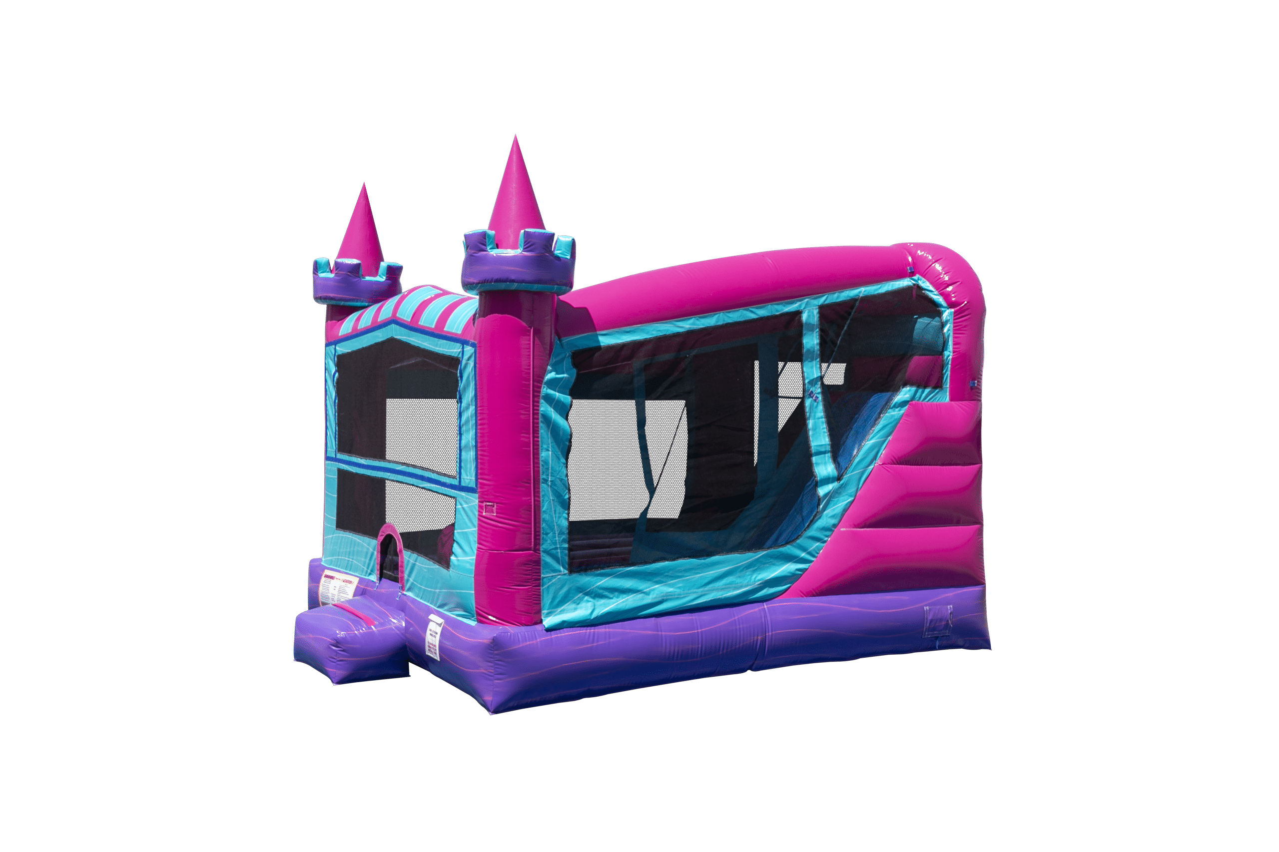 Side view of the Princess Castle combo bounce house with attached slide, a popular fall rental in Lafayette LA