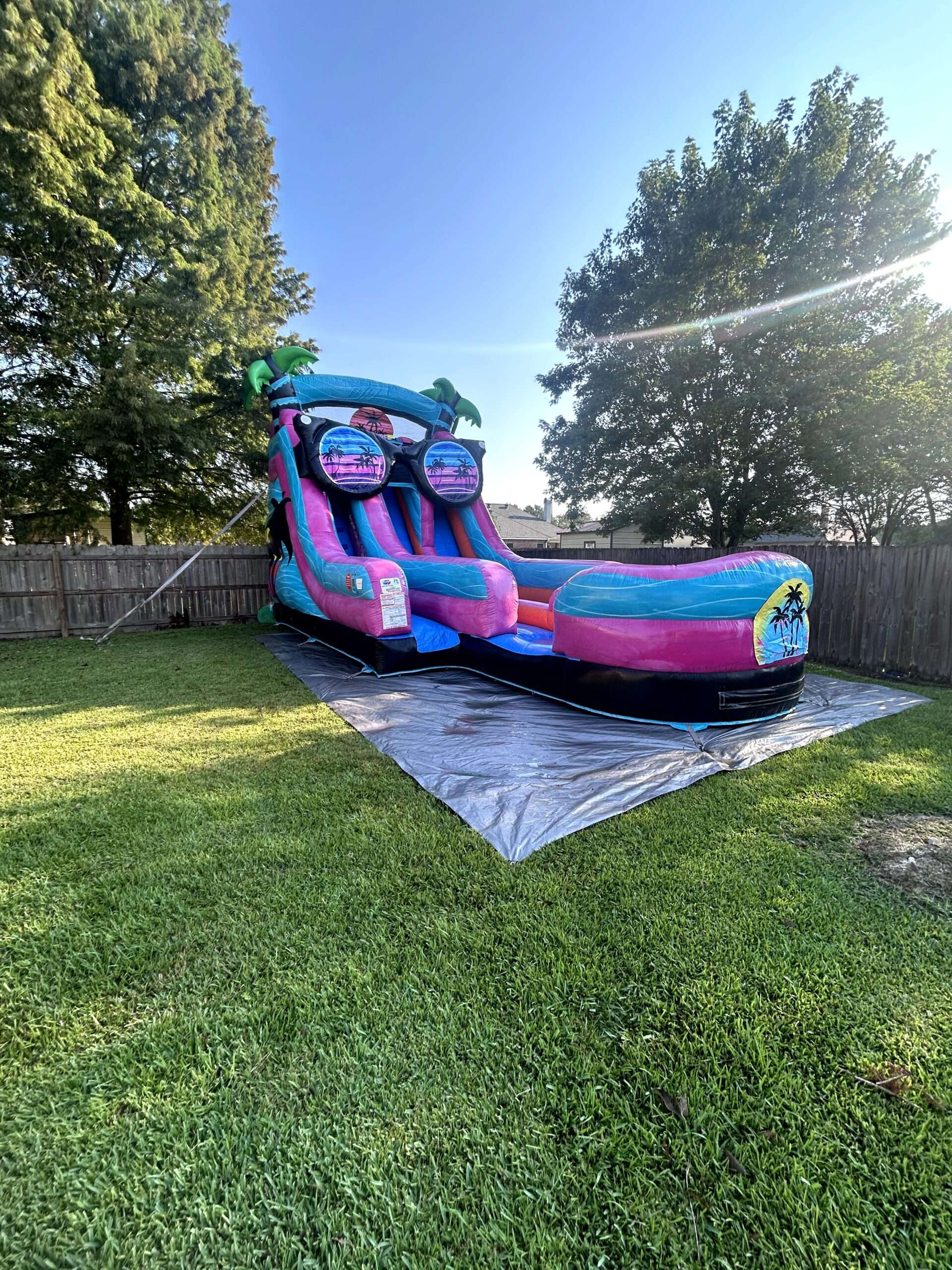 Tropical palm-themed water slide and bounce house combo set up in an Acadiana backyard