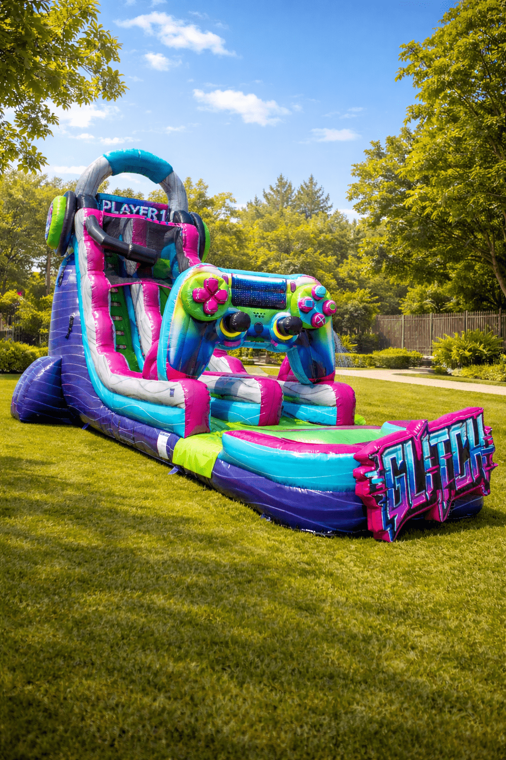 Glitch gamer inflatable water slide with splash lane on a green backyard lawn bordered by shade trees in Youngsville, LA