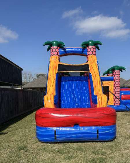 Blue and red palm tree water slide rental with a splash pool set up on grass in a Youngsville backyard, anchored well away from the fence line